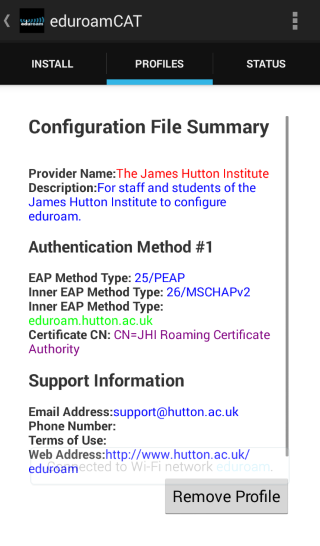 The PROFILES tab in eduroam CAT after install the Hutton profile